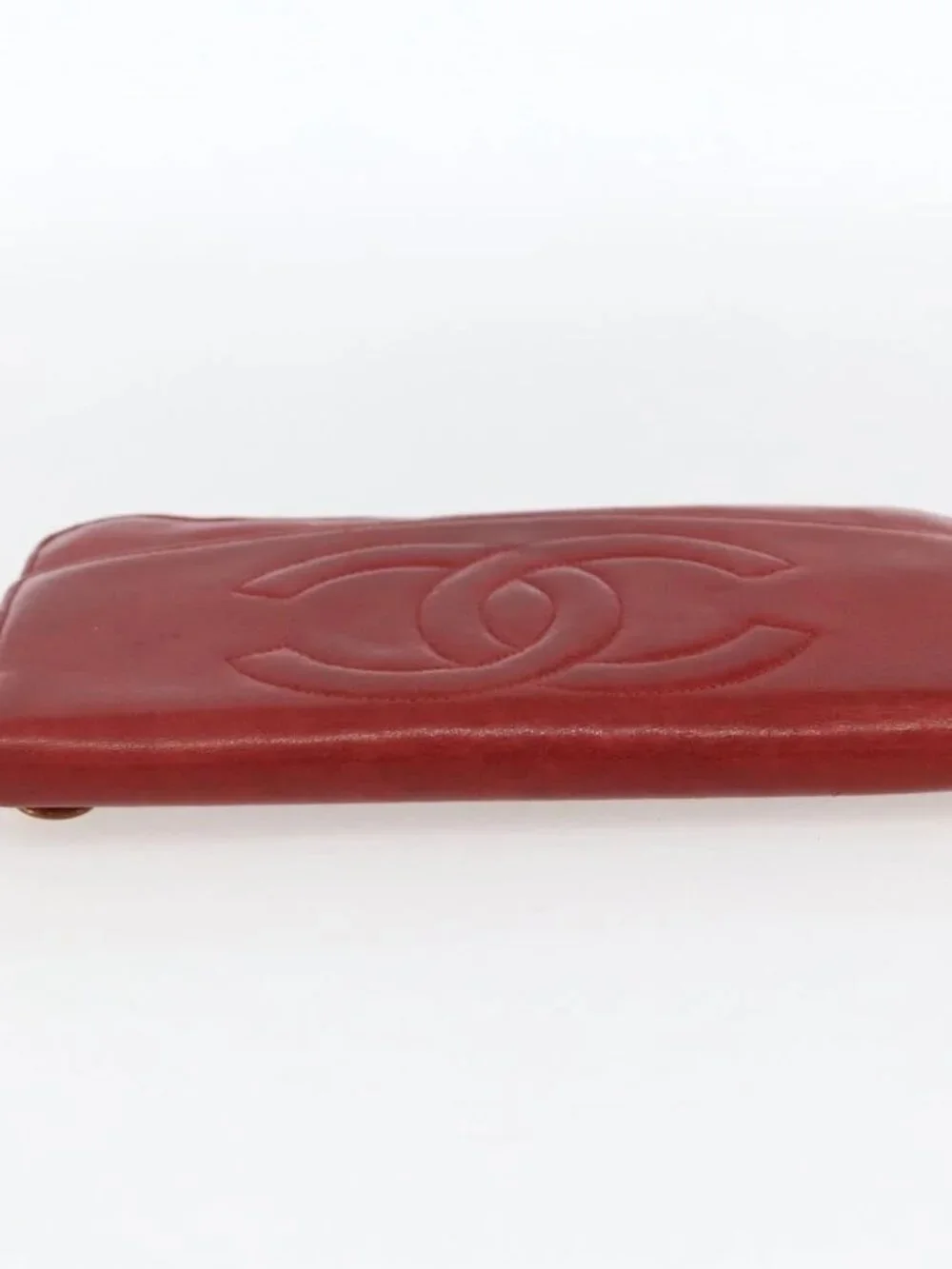 CHANEL Long Wallet Grained Calf Skin Red Gold CC Auth 166826